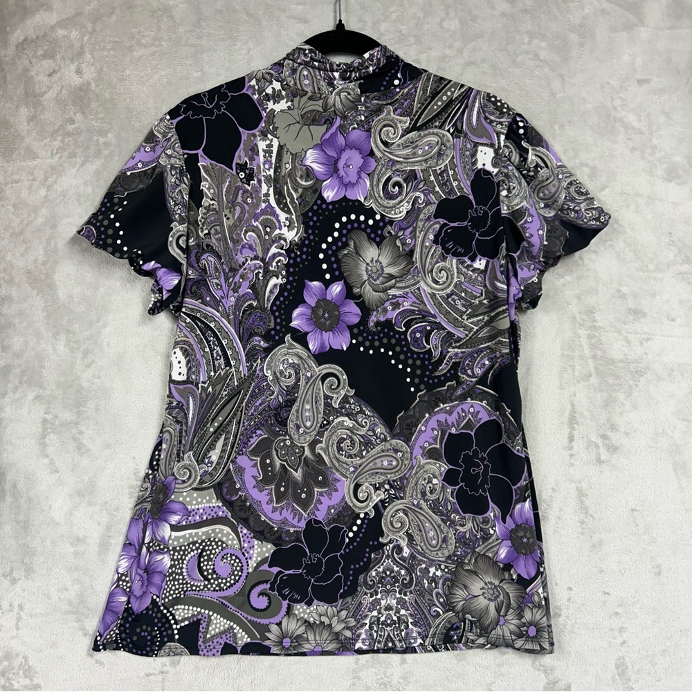 Dressbarn Paisley Dark Floral Puff Sleeve Y2K High Neck Blouse Sz XL - Picture 6 of 7